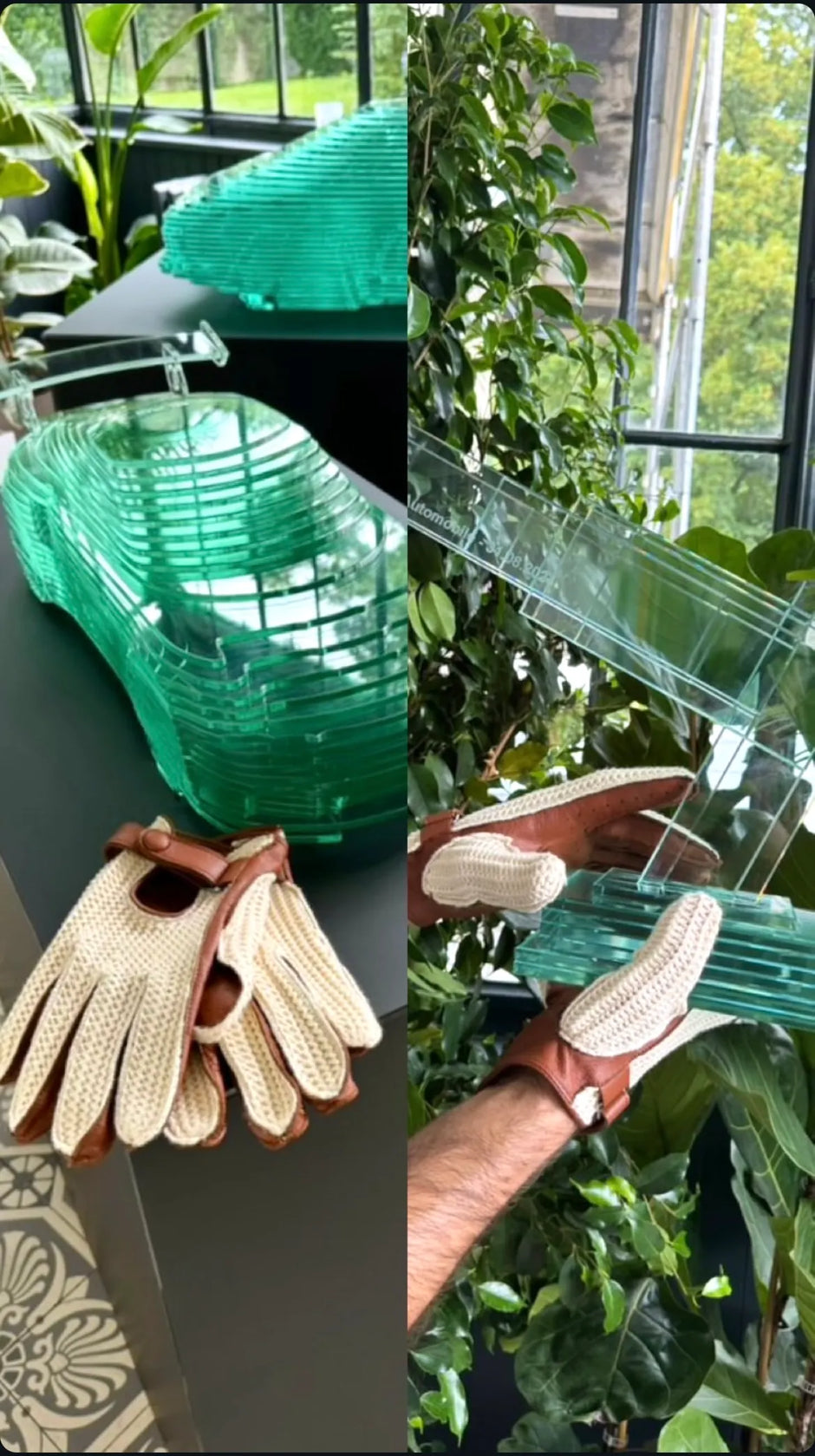 gants de conduite roadster à côté d'une sculpture de voiture de sport en verre réalisée par bastien seldran - avis client La Main De l'Homme