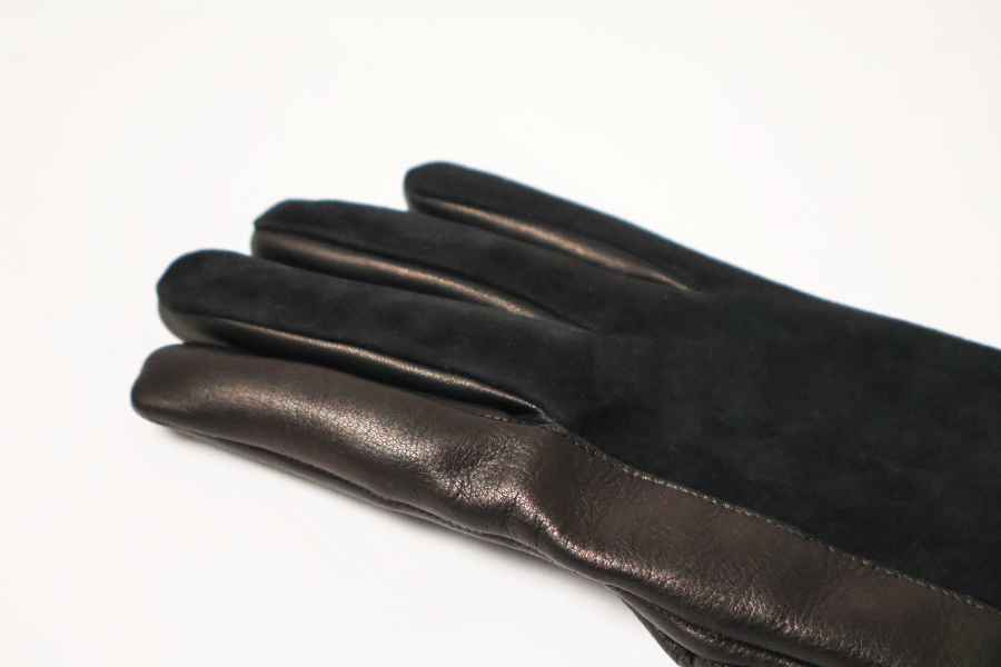 Gants Prestigieux noir bi-texture en cuir d'agneau et cuir d'agneau suédé doublé