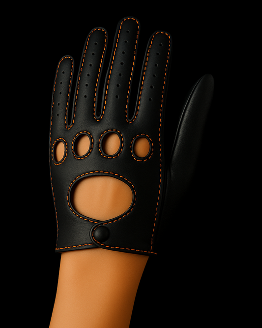 Gants de conduite personnalisés pour femme en cuir d'agneau noir surpiqûres oranges - La Main De l'Homme